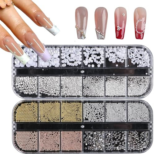 Nail Beads and Pearls,2 Boxes Flat Back Pearl Beads Nail Rhinestones with Gold Silver Nail Caviar Beads,3D Nail Art Decorations for Manicure Design DIY Crafts (B)