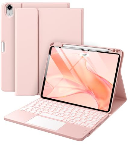 Vobafe Hülle mit Tastatur für iPad Air 11 Zoll (2025 M3/2024 M2), iPad Air 5 4 2022/2020 10,9 Zoll, Mutil-Touch Trackpad 7 Farben Beleuchtete Abnehmbare Keyboard Schutzhülle mit Stifthalter, Hellrosa