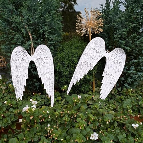 Storm's Gartenzaubereien Engelsflügel Metall 2er Set - Weiß gewischt - 19cm hoch - Juteband zum Aufhängen 11cm - zum Basteln, Türkranz, Schutzengel - Gartendeko