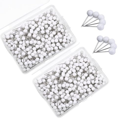 600 Pcs Round Head Tacks, 4mm Round Drawing Pins, White Drawing Pins, Steel Points Map Push Pins, Round Head Map Tacks Push Pins with Storage Box, for Cork Notice Board, Bulletin Boards