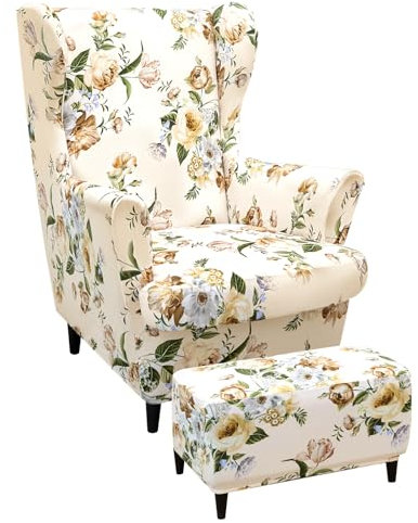 Alishomtll 3 Teilig Ohrensessel Überzug Mit Ottomane Schonbezug Stretch Sessel-Überwürfe Elastisch Sesselhusse Strandmon Tiger Stuhlbezug mit Armlehne Hohe Rückenlehne Universal (Gelb Blumen)