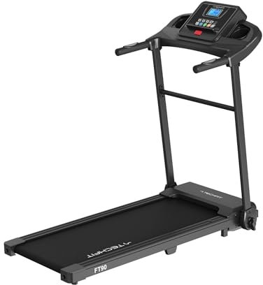 TechFit Laufband für Zuhause – Elektrisches klappbares Laufband mit 1.5 PS Motor, 1-10 km/h, LCD-Anzeige, 12 Programme, Puls-Sensoren, Bluetooth APP, Tablet-Halter, Stoßdämpfung, 110 kg, platzsparend