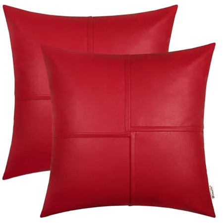 BRAWARM Kunstleder-Kissenbezüge 55,9 x 55,9 cm, Weihnachts-Kissenbezüge aus rotem Leder, handgenäht, dekorative Dekokissen für Couch, Sofa, Bett, Wohnzimmer, Zuhause, Garten, 2 Stück