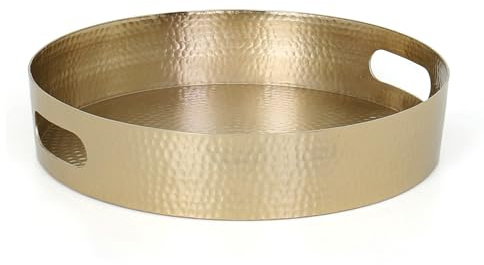 houseproud Carry ON; Rundes dekoratives Serviertablett aus Metall (Aluminium) mit Griffen, gehämmertes Gold-Finish
