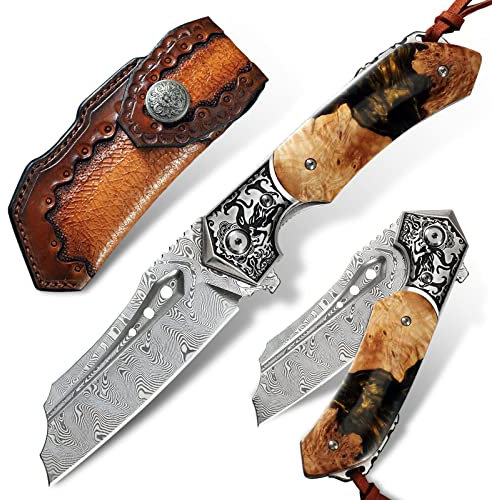 Japan Handmade Damaskus Stahl Folding Pocket Knifee，Herren-Klappmesser，3.5 in Hohe Härte Klinge，Frame Lock，Mit Lederscheide，Kunstharz und Ahorn Griff，Outdoor-Camping-Messer, EDC-Reise-Gebrauchsmesser