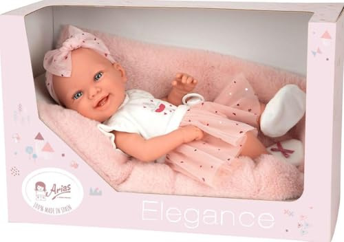ARIAS ZOE Elegance Puppe aus Vinyl, 42 cm, Ballerina-Kleid in Rosa und Weiß, Bedruckt mit Herzen, inklusive Schnuller und Kissen, Spielzeug für Kinder Aller Altersgruppen (ARI65395)