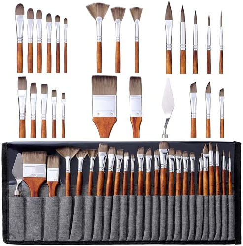 tumuarta Paint Brush Set for Oil, Acrylic, Watercolors, Gouache, 25 Pieces, Synthetic Bristles with Multiple Shapes, Add a Palette Knife, Art suppies painting brushes