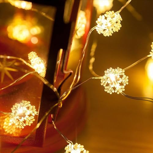 ENLACE LED Schneeflocken Lichterkette, 2M 20 LED Weihnachten Schneeflocke Lichterketten Batteriebetrieben, Warmweiß Kupferdraht Lichterkette für Weihnachten Deko, Weihnachtsbaum, Schlafzimmer