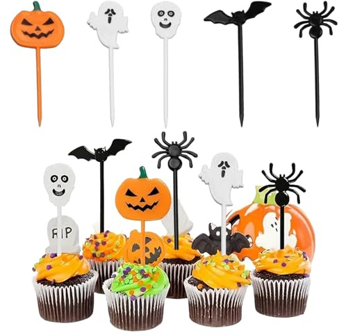 Halloween-Cocktailspieße, 30 Stück, Kürbis, Geist, Spinne, Totenkopf, Fledermaus, Kunststoff, Obstspieße, Lebensmittelspieße, Halloween-Cupcake-Topper, Zahnstocher, Cocktail-Zubehör für Vorspeisen