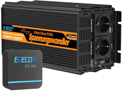 EDECOA 1500W/3000W Frequenzumrichter 12V 220V/230V Reine Sinuswelle | Equipado con módulo WiFi y aplicación, 1 puerto USB y 1 puerto PD, adecuado para caravanas, autocaravanas y paneles solares