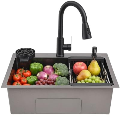 Fregadero de cocina y lavabo de acero inoxidable negro, 60 x 45 cm, lavabo multifuncional empotrable con grifo extraíble, lavavajillas, cesta escurridora, dispensador de jabón