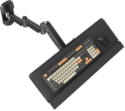 Extra Long Keyboard Wall Mount, 66cm Tray with Mouse Platform | Gas-spring arm for sit/stand use. 9kg load. Fits wood/concrete/brick. 180° swivel, tilt & rotation