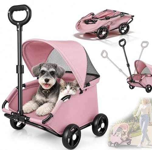 Carro para Perros, Cochecito Plegable para Perros y Gatos Transporte para Mascotas 4 Ruedas con Asa Giratoria de 360° Bolsillo de Almacenamiento Toldo Parasol y Asa de Arrastre Retráctil Carro