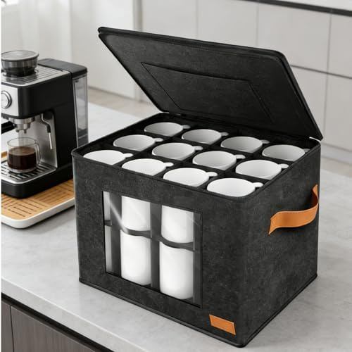 GUIJZSLTRG Coffee Mug Storage Box with Dividers, 2 Layer Stackable Coffee Cup Organizer for 24 Cups, Portable Felt Container with Zipper Lid and Handles for Kitchen Moving & Packing