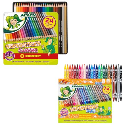 JOLLY Bundle Buntstifte Supersticks Kinderfest | Bruchfeste & ungiftige Farbstifte | 24 Stifte Superstar DUO Fasermaler | Eine dicke und eine dünne Spitze | 24 Stück im Kartonetui