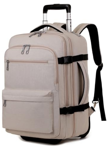 Resryggsäck med hjul, 16-tums ryggsäck (55 liter), rullryggsäck för vuxna män och kvinnor, handbagage,Benvit