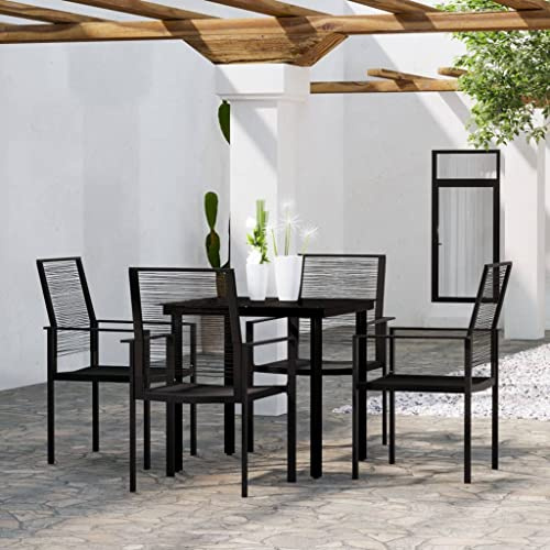 Vorpalize Juego de mesa de jardín de 5 piezas, color negro con mesa de cristal y 4 sillas de ratán hueco de PVC, muebles de balcón, muebles de balcón, exterior para terraza, jardín, balcón, resistente