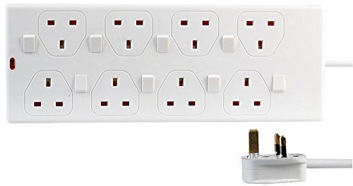 Ex-Pro 8 Gang Way 3m Metre 13A Mains Individually Switched Power Extension Socket Lead Cable White
