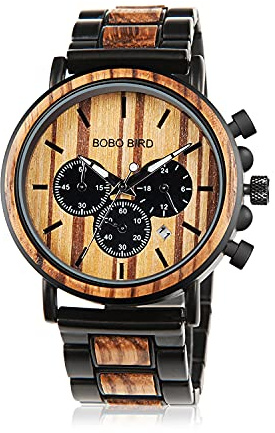 BOBO BIRD Wooden Mens Watches Large Size Stylish Wood & Stainless Steel Combined Chronograph Military Quartz Watch (Balck Wood Band)