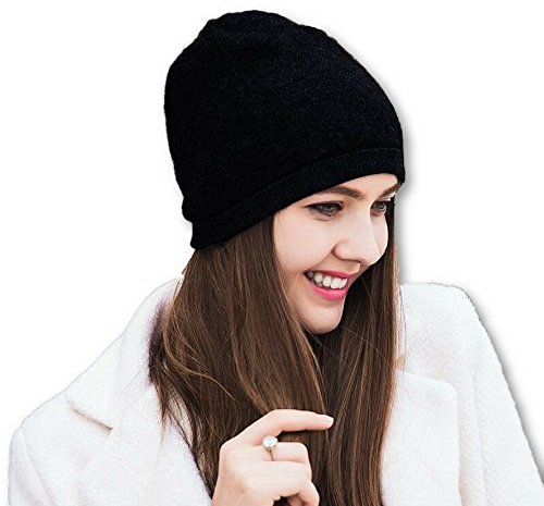 WaySoft 100% Kaschmir Beanie für Damen in Geschenkbox, übergroße Frauen Beanie Mütze - Schwarz - Einheitsgröße