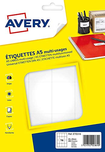 Avery ETE016s Packung mit 256 Etiketten, 35 x 49 mm, auf A5-Bogen, 10 Stück