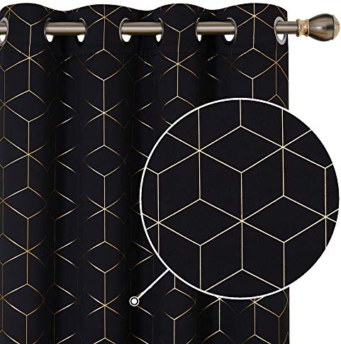 Deconovo Set mit 2 geometrischen Würfelmustern, Bedruckt, Verdunkelungsvorhänge, 117 x 138 cm, mit Ösen, Thermoösen, kälteisolierend, goldfarben, für Dekoration Wohnzimmer, Halloween, Schwarz