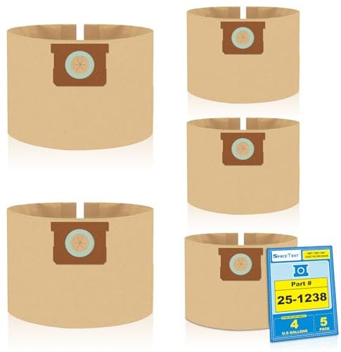 SpaceTent 5 Pack Replacement Shop Vac Filter Bags 25-1238 for Stanley and Porter Cable 4 Gallon Wet Dry Vacuums PCX18301-4B SL18301-3B, Part# AT25-1238