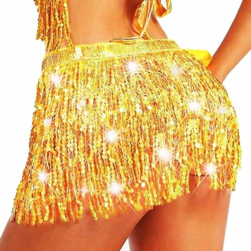 Gortin Hüftrock Pailletten Quaste Fransen Rock Hüftschal Rave Rock Bauchtanz Kostüm für Damen - Gold - Einheitsgröße