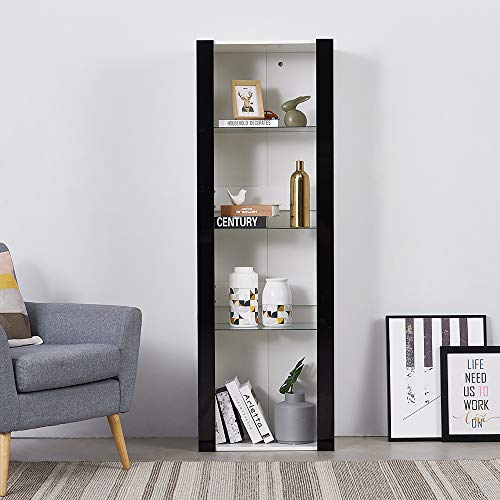 Panana Vitrine Lumières LED Meuble de Rangement avec Etagères sur Salon, Bureau, 55 x 35 x 166 cm (Noir+Blanc)