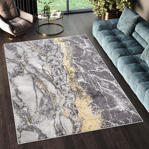 TAPISO Shine Teppich Kurzflor Hellgrau Dunkelgrau Gold Marmor Wohnzimmer Schlafzimmer 3D Optik Modern Design ÖKOTEX 250 x 350 cm