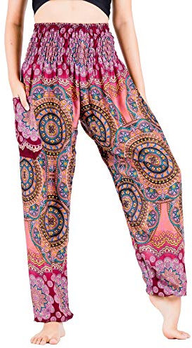 Lofbaz Yoga Boho Hosen für Damen Harem Hippie Kleidung Pyjamas Lounge Bekleidung Jogger Indian Bohemian Tanz Sommer Strand Blühende Blume Burgund M