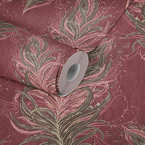 Livingwalls Tapete mit Federn Mata Hari Vliestapete braun rosa rot mit Glitzereffekt fein strukturiert 380093
