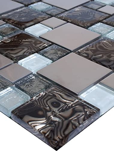 Piastrelle a mosaico in vetro, in acciaio inox, marrone, argento, bianco, 30 x 30 8 mm