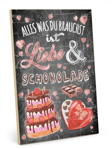TypeStoff Holzschild mit Spruch – Liebe und Schokolade – im Vintage-Look mit Zitat als Geschenk und Dekoration zum Thema Freundschaft - HS-01105