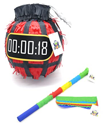 Nislai® Bombe Pinata Set | Ideal für die Junge Geburtstag Party | Pinata Geburtstag | Pinata Geschenk | Für Geburtstag oder als Deko | Farbeauswahl: grün, rot, blau, silver (Rot)