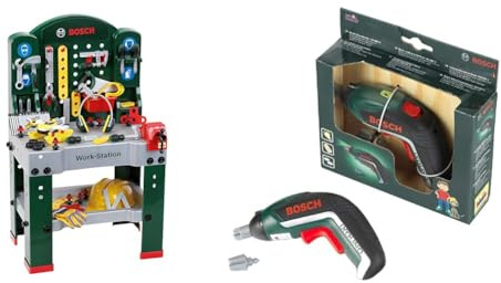 Theo Klein 8513 Bosch Work-Station, mit Auto und schutzzubehör (Mail-Order), Mulitcolor & 8300 Bosch Akkuschrauber Ixolino | mit Licht und Sound | Auswechselbare Aufsätze | ab 3 Jahren
