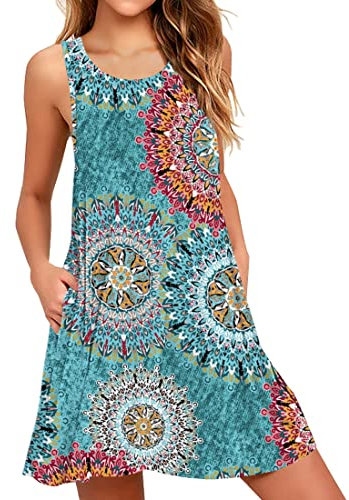 AUSELILY Robe d'été décontractée sans Manches à col en V pour Femmes avec Poches Imprimé Vert,M