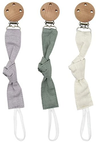 ANLIOTO 3 Stück Holz Schnullerkette, Baby Gestricktes Nuckelkette mit Buchenholz Clip, Bio-Baumwolle Schnullerband für Mädchen, Jungen und Neugeborene(BPA-FREI)