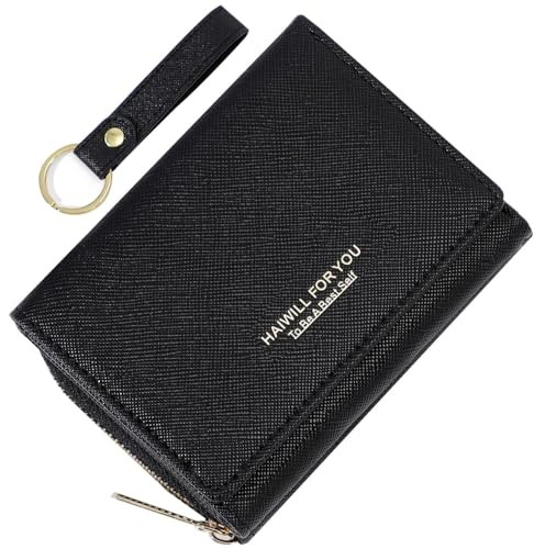 HAIWILL Geldbeutel Damen Klein PU Leder, Portmonee Damen Klein mit Münzfach und 7 Kartenfächern, Gross Kapazität Kleines Portemonnaie Viele Fächer (Saffiano Schwarz)
