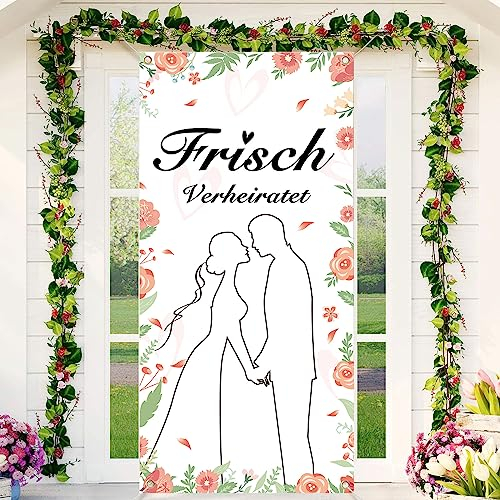 Frisch Verheiratet Tür Banner für Hochzeit Deko Frisch Verheiratet Banner Poster Just Married Schild Blumen Blätter Hochzeit Hintergrund Elegant Hochzeitszeremonie Dekoration für Garten(185 * 90cm)