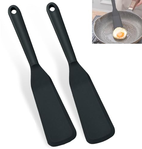 2 Pièces Spatule à Crêpes Résistante à Chaleur Tourneur, Spatule de Cuisson Antiadhésive, Spatule en Silicone à Chaleur, Lavable au Lave Vaisselle, pour Pâtisserie, Cuisine, Omelette, Noir, 25.4cm