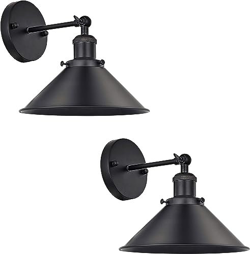 LEDSone Black Wall Light Sconce Fitting Metal Firm Wall Mount 180 Degree Adjustable Swing Arm Industrial Wall Fixtures lamp with Cone Light Shade for Livingroom, Kitchen, (2 Pack-Style 1)