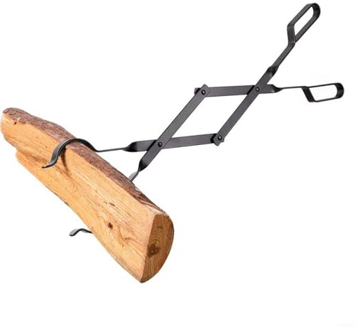 Kaminholz, 66 cm lang, robuste Kaminzange, schwarzer Stahl und Eisen, Feuerzange für den Innen-Kamin, Holzofen, Outdoor-Hinterhof-Feuer