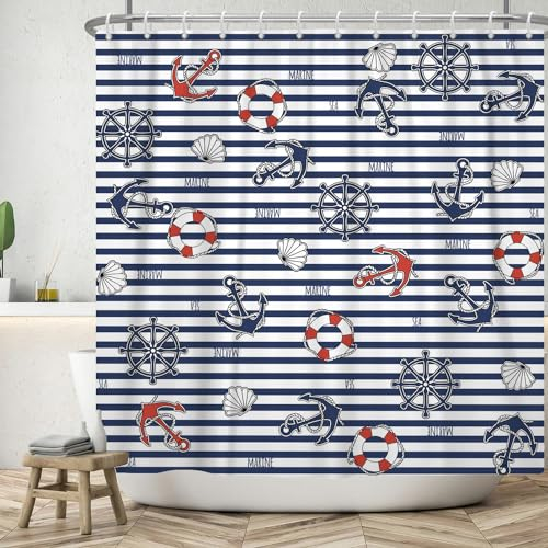 ASDCXZ Maritim Duschvorhang 180x200 cm, Weiß Marineblau Streifen Nautische Anker Kompass Rettungsring Bad Waschbar Duschvorhänge Polyester Textil Wasserdicht Badevorhang für Badewanne mit 12 Haken