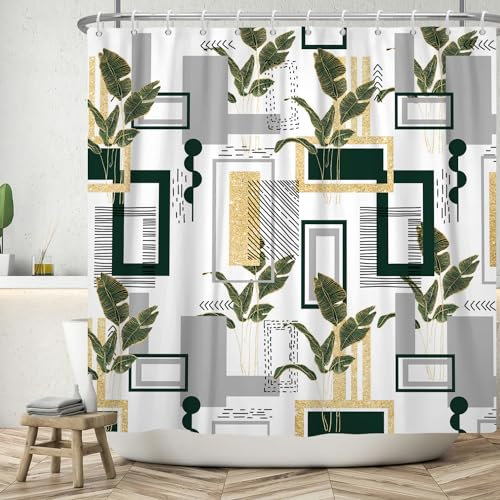 ASDCXZ Rideau de Douche Géométrie 180x180 cm, Moderne Vert Foncé Or Géométrie Irrégulière Feuilles Tropicales Lavables Textile Rideau de Bain Imperméable pour Baignoire avec 12 Crochets