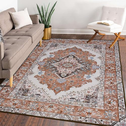 ISEAU Area Rug for Living Room Bedroom Non-Slip Machine Washable Rug Vintage Rug Low Pile Indoor Floor Distressed Carpet, Accent Rugs for Bedroom Living Room Dining Room, Orange Red
