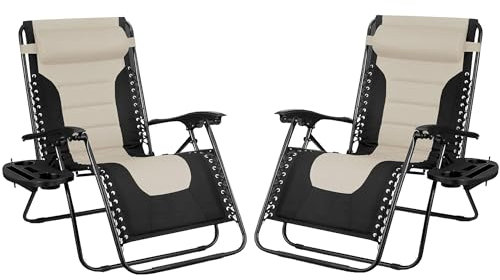 SG Traders Zero Gravity Chair - Reclining Outdoor Sun Lounger, Relaxer Chair for Patio Decking Gardens Camping Folding Chairs with Cup Holder and Adjustable Headrest Sunlounger (Pack 2 - Black Cream)