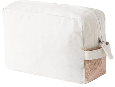 Trousse de toilette en coton certifié Fairtrade du commerce équitable, renforcée avec jute, fermeture éclair et tirette assortie. Trousse de maquillage de voyage., naturel, Trousse de toilette
