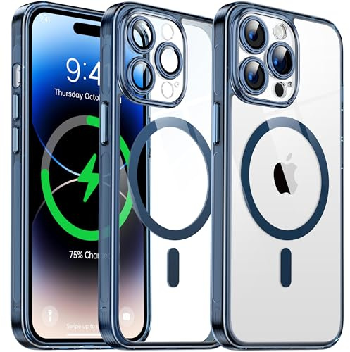 Flyzoo Coque Magnétique Transparente pour iPhone 14 Pro (6.1'') avec Objectif Film, [Compatible avec MagSafe] [Protection Antijaune & Antirayure & Antichoc] Etui Housse Dur avec Silicone Bord, Bleu