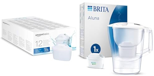 Amazon Basics Water Filter Cartridges, 12 Pack, fits and Compatible with All BRITA jugs incl & BRITA Aluna Water Filter Jug White (2.4L) incl. 1x MAXTRA PRO All-in-1 Cartridge - Fridge-Fitting